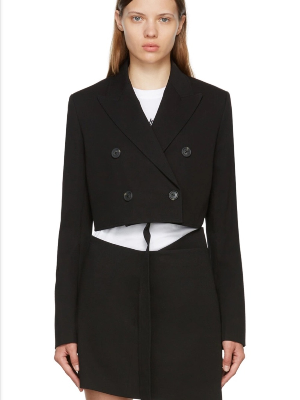 Helmut Lang Black Cropped Double-Breasted Blazer Jacket with Belt
